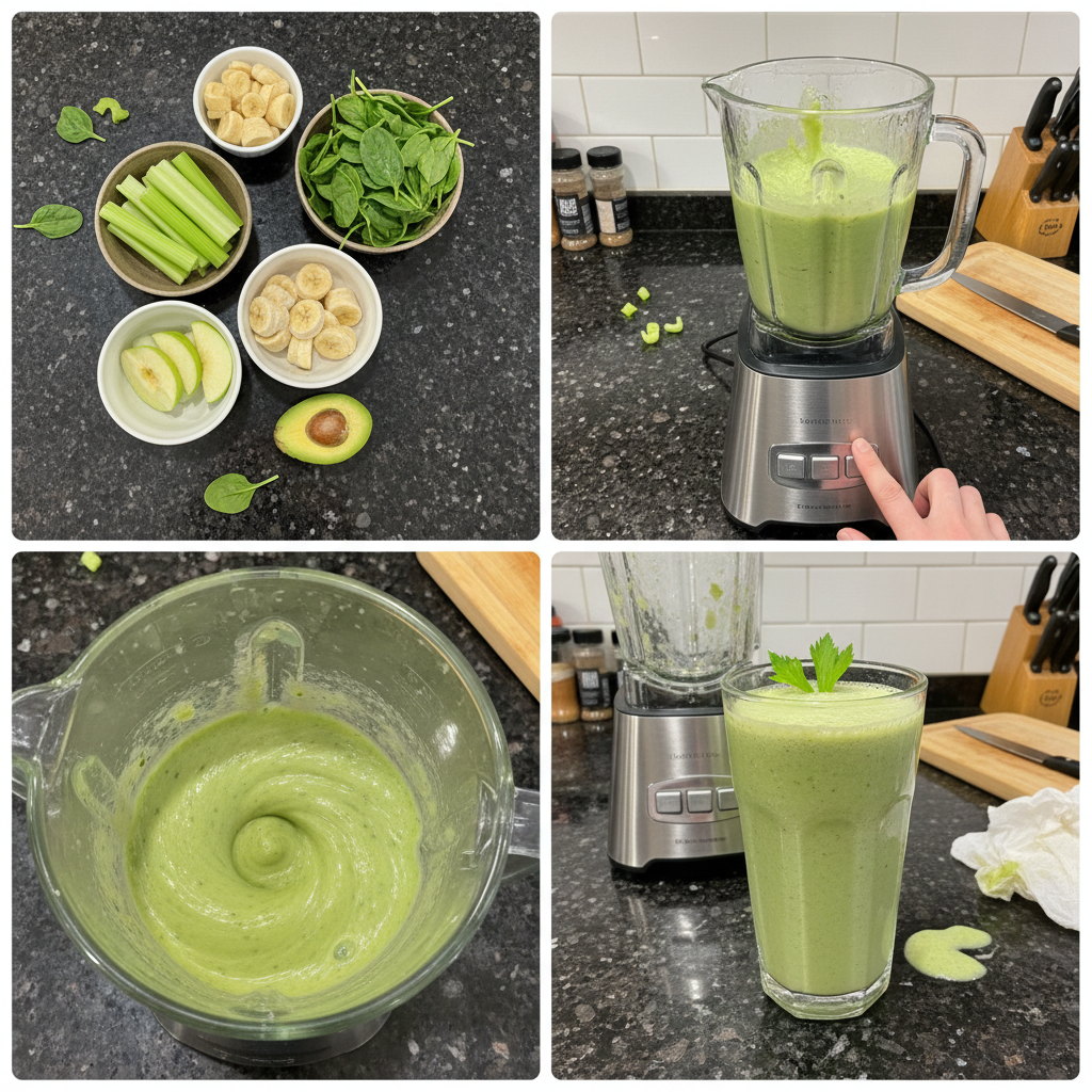 Blending a homemade celery smoothie in a high-speed blender.