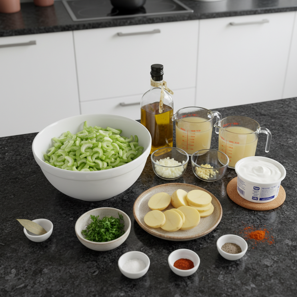 Fresh ingredients for homemade celery soup recipe, laid out on a wooden surface.