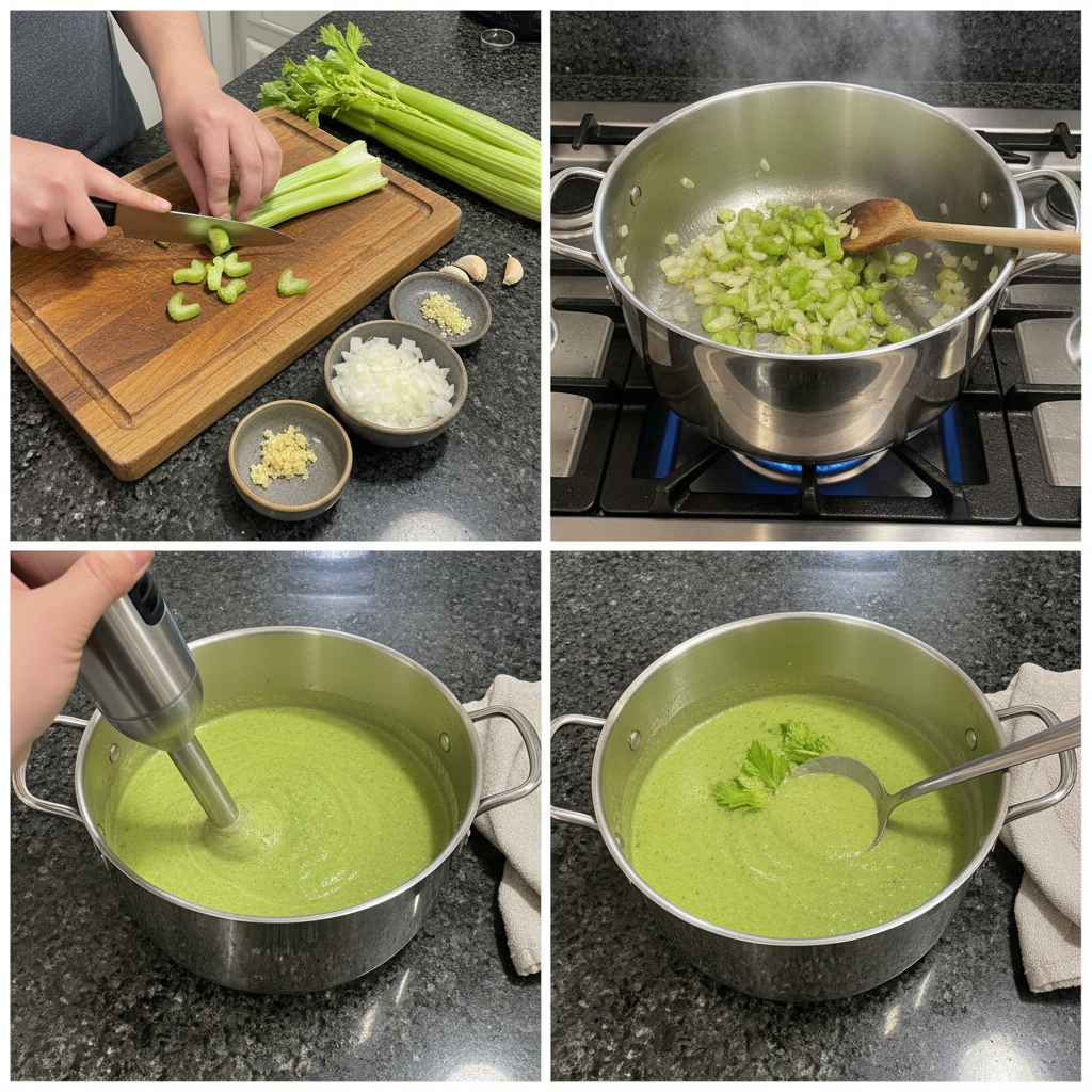 Chopped celery being sautéed in a pot, starting the celery soup recipe.