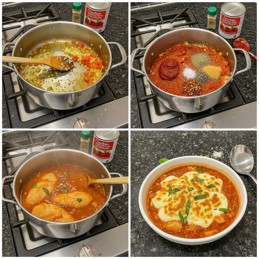 Step-by-step preparation of chicken parmesan soup with shredded chicken.