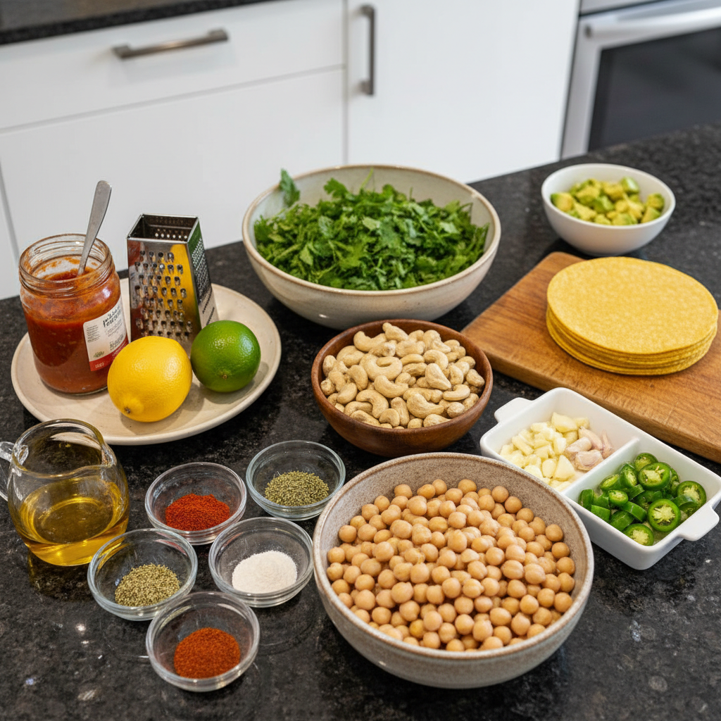 All the fresh ingredients for making flavorful chickpea tacos laid out on a wooden table.