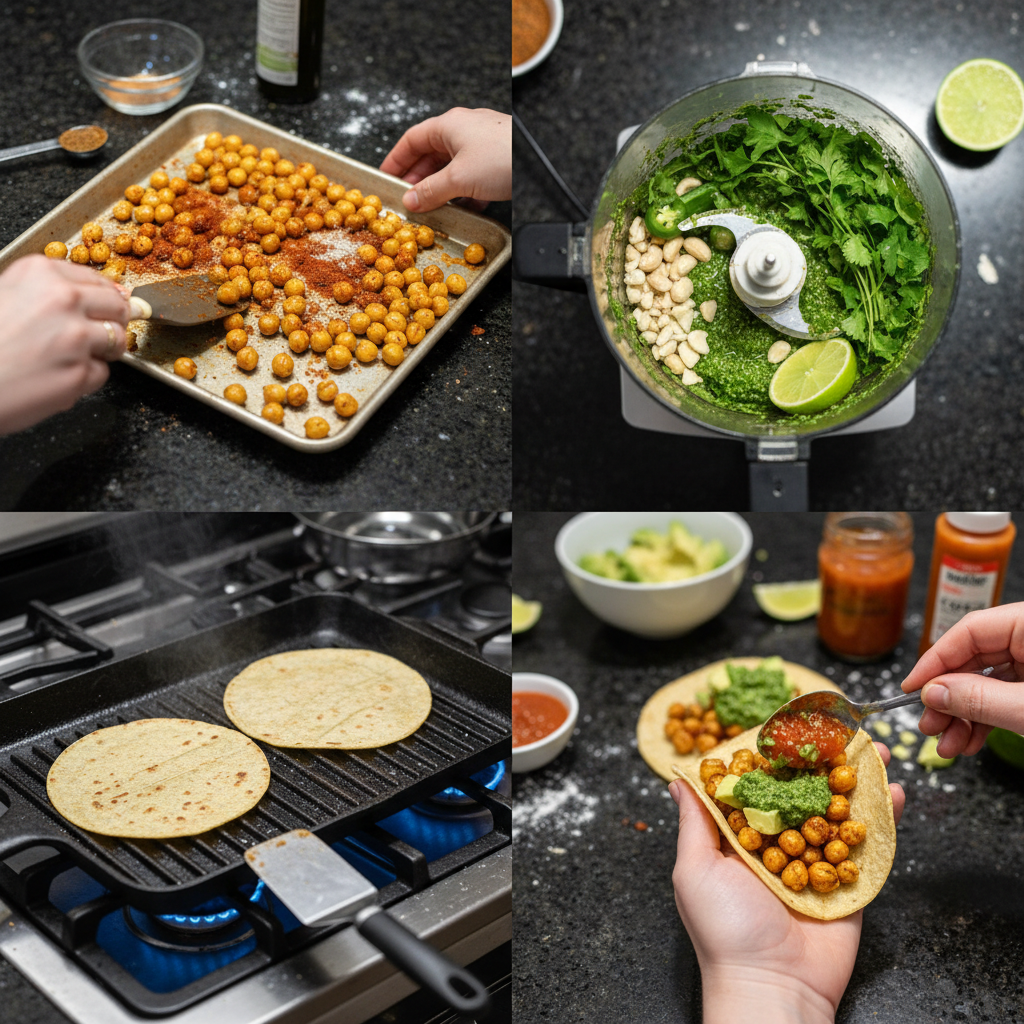 Step-by-step: Seasoned chickpeas being cooked in a pan for chickpea tacos.