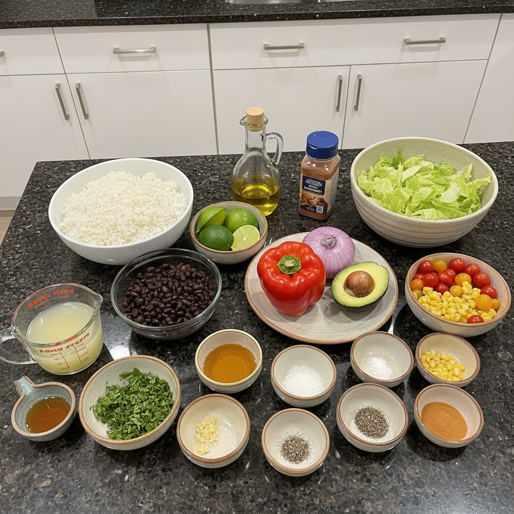 Fresh ingredients for a homemade veggie bowl recipe.