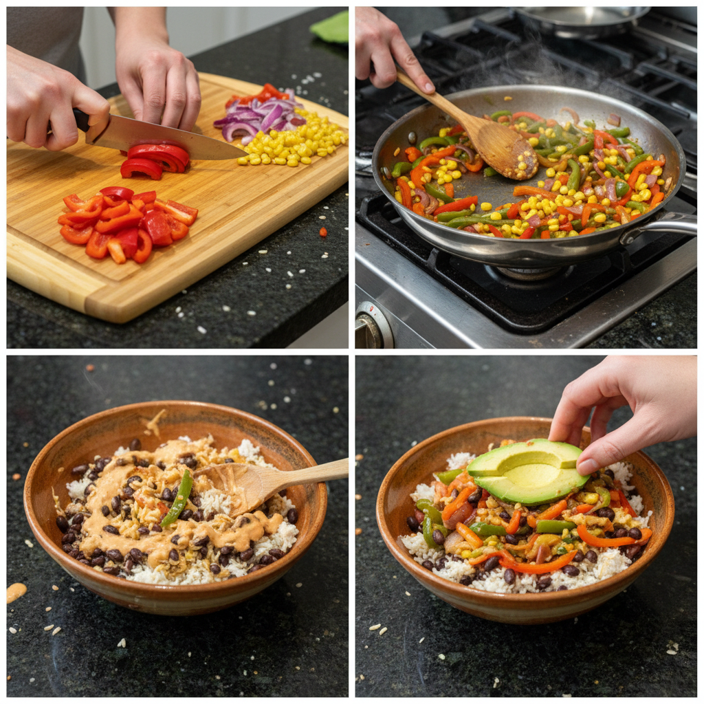 Step-by-step photo of preparing the veggie bowl.