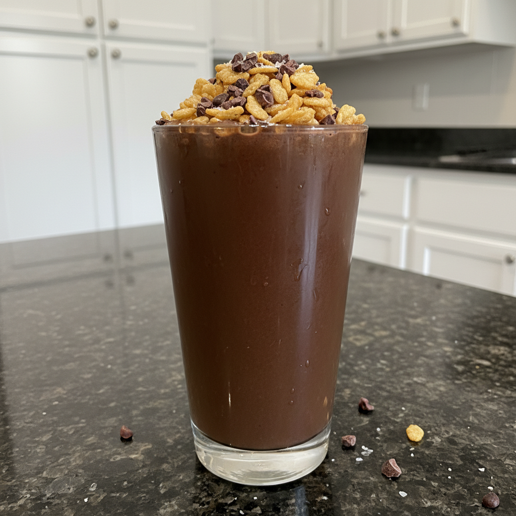 A stack of fluffy pancakes topped with banana slices, almonds, chia seeds, and maple syrup, served with a glass of orange juice.