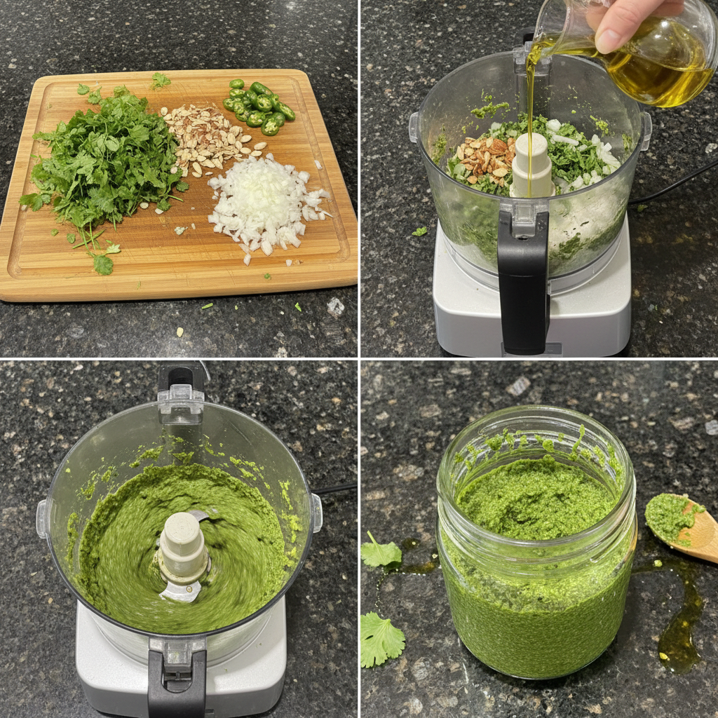 Cilantro Pesto being blended in a food processor, creating a smooth texture.
