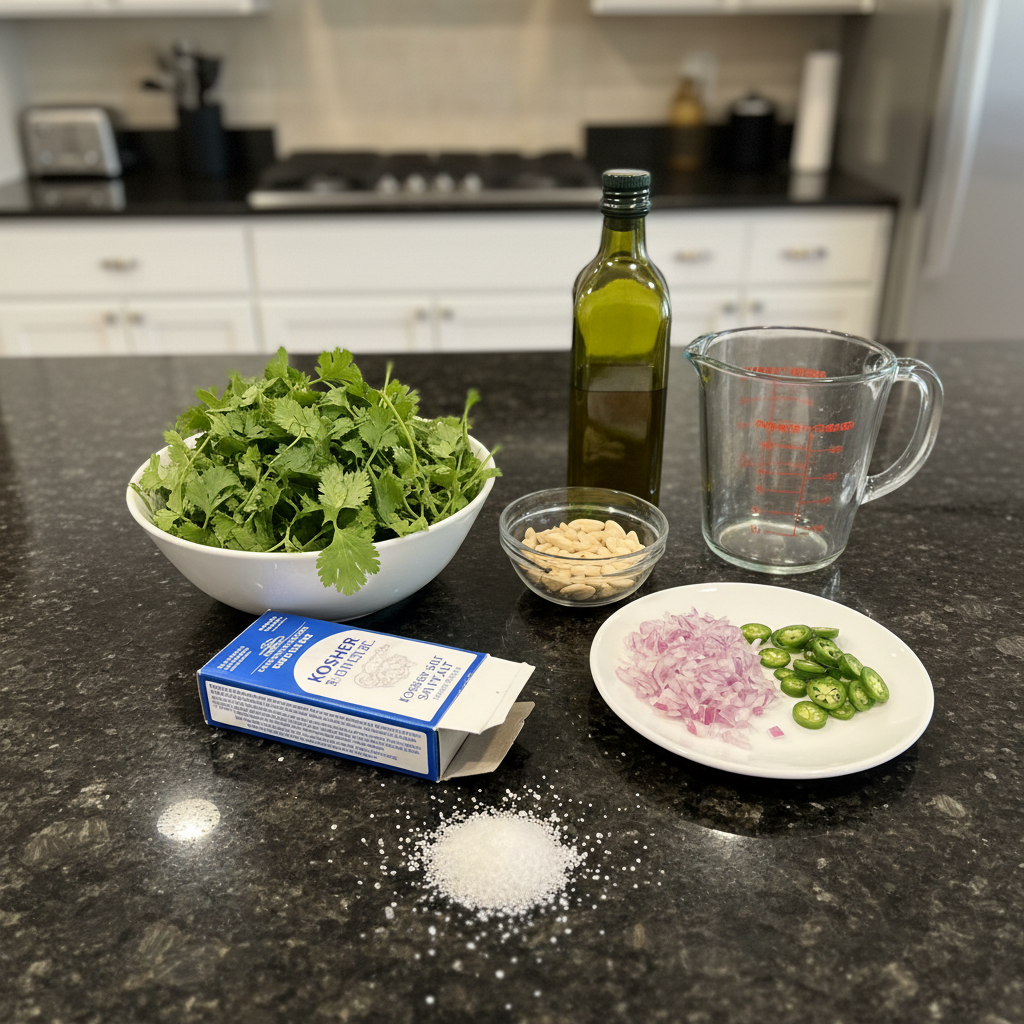 Fresh ingredients for Cilantro Pesto displayed: cilantro, nuts, garlic, lime.