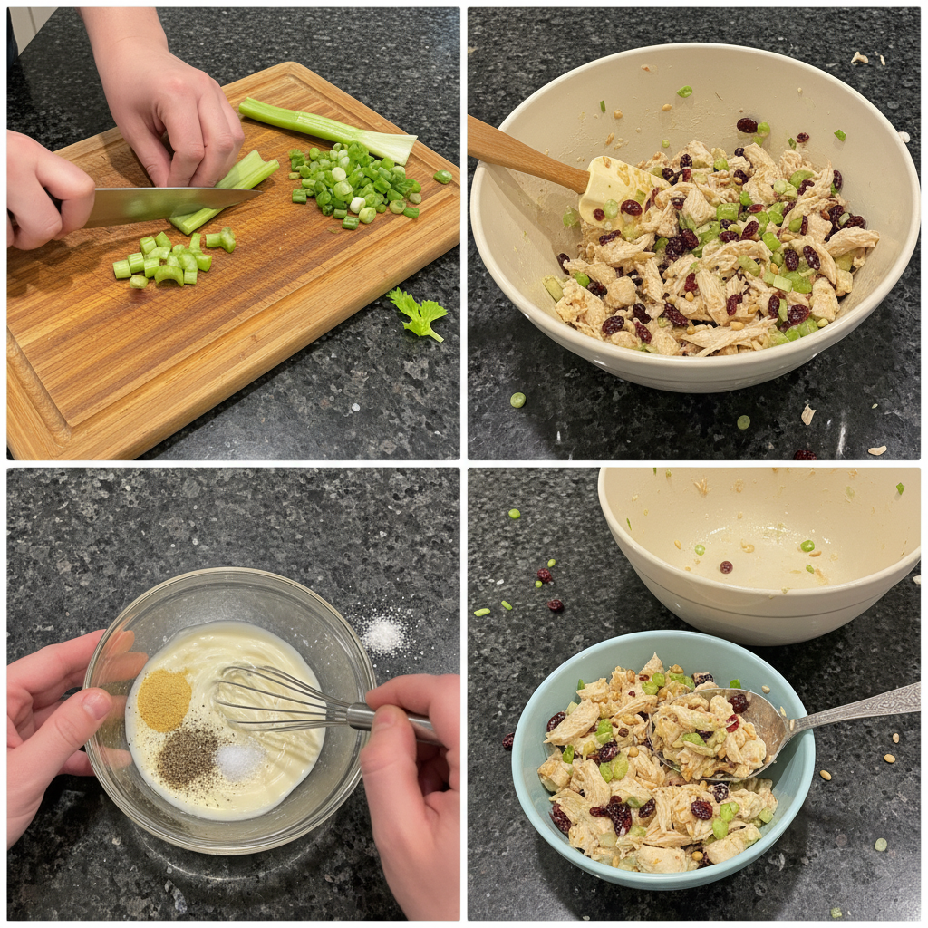 Preparing the cranberry chicken salad recipe by mixing ingredients in a bowl.