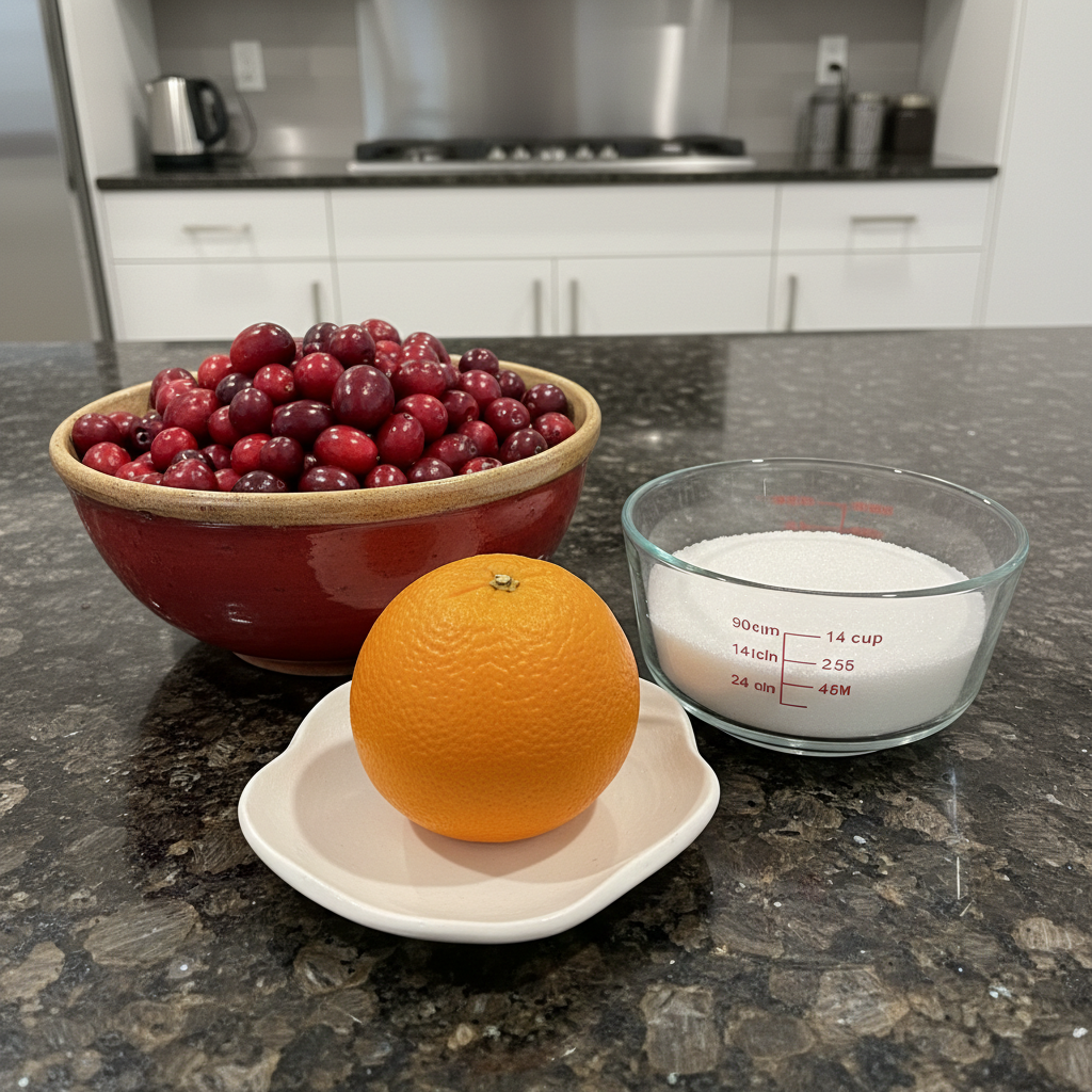 Fresh cranberries, oranges, sugar, and spices for making cranberry relish.