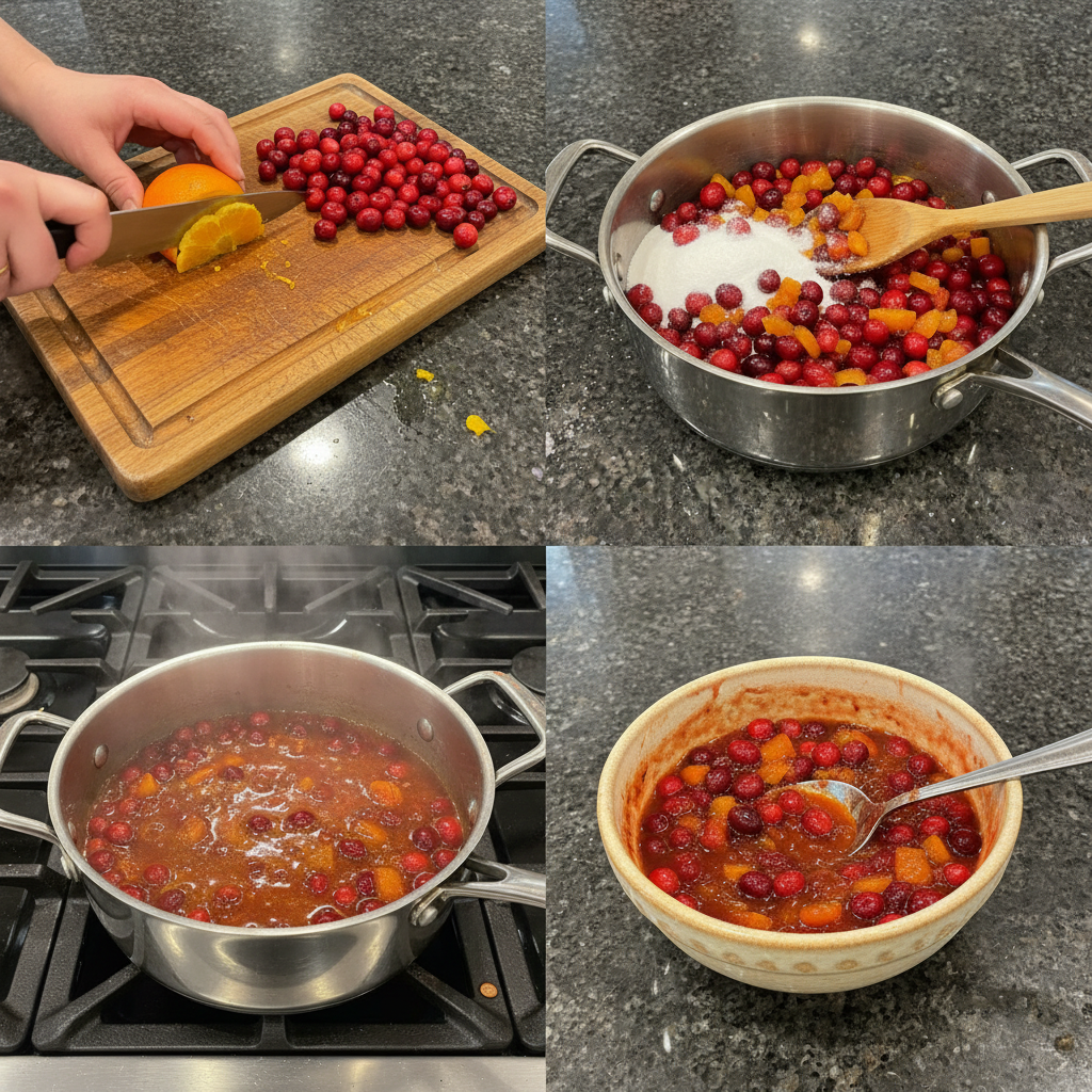 Close-up of cranberries being cooked in a pot for cranberry relish recipe.