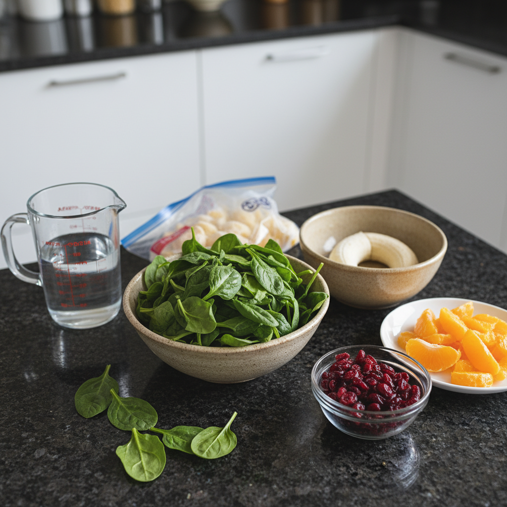 Fresh ingredients for a green smoothie: spinach, cranberries, banana, and yogurt.