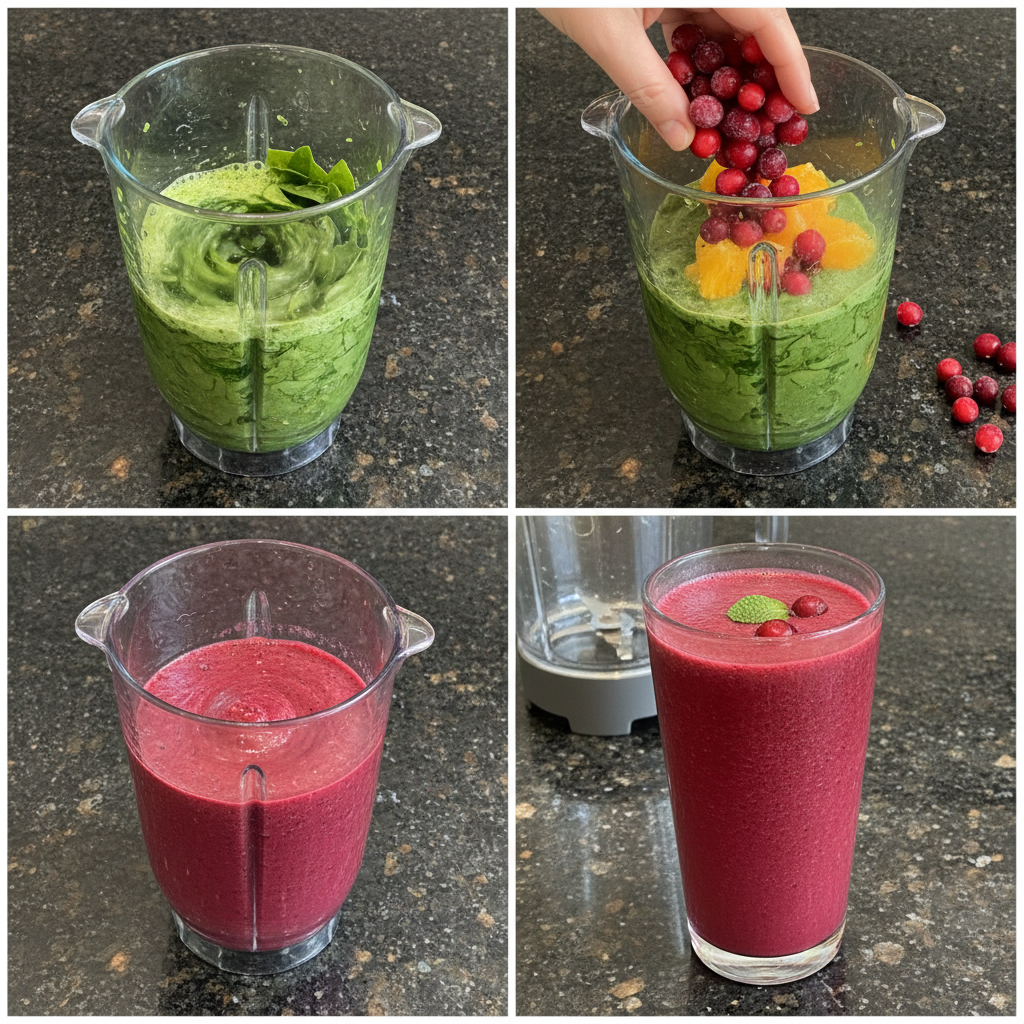 Blending a healthy cranberry spinach smoothie for a quick breakfast.