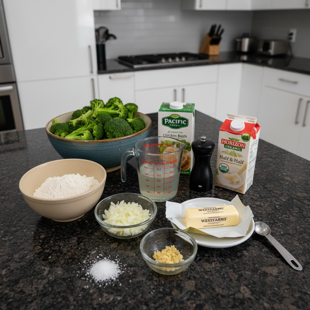 Fresh ingredients for cream of broccoli soup recipe including broccoli, cream, and spices.