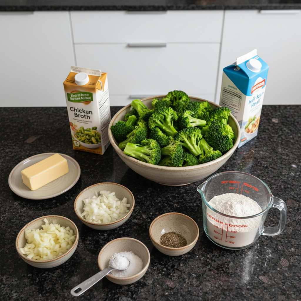 All the fresh ingredients for cream of broccoli soup recipe, laid out on a wooden surface.