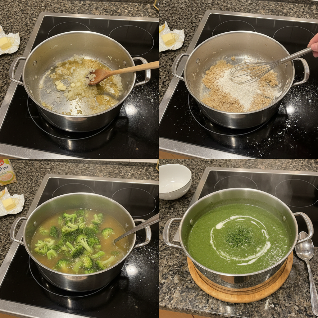 Cream of broccoli soup recipe being blended in a high-speed blender.