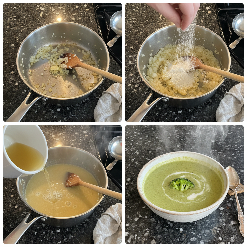 Broccoli florets being sauteed in a pot as part of the cream of broccoli soup recipe.