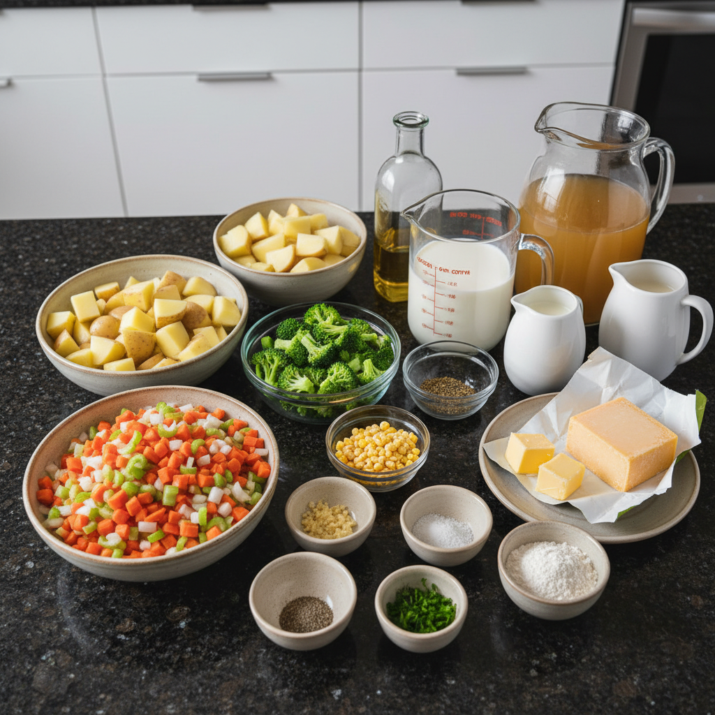 Assortment of fresh vegetables for making a Creamy Vegetable Soup recipe.