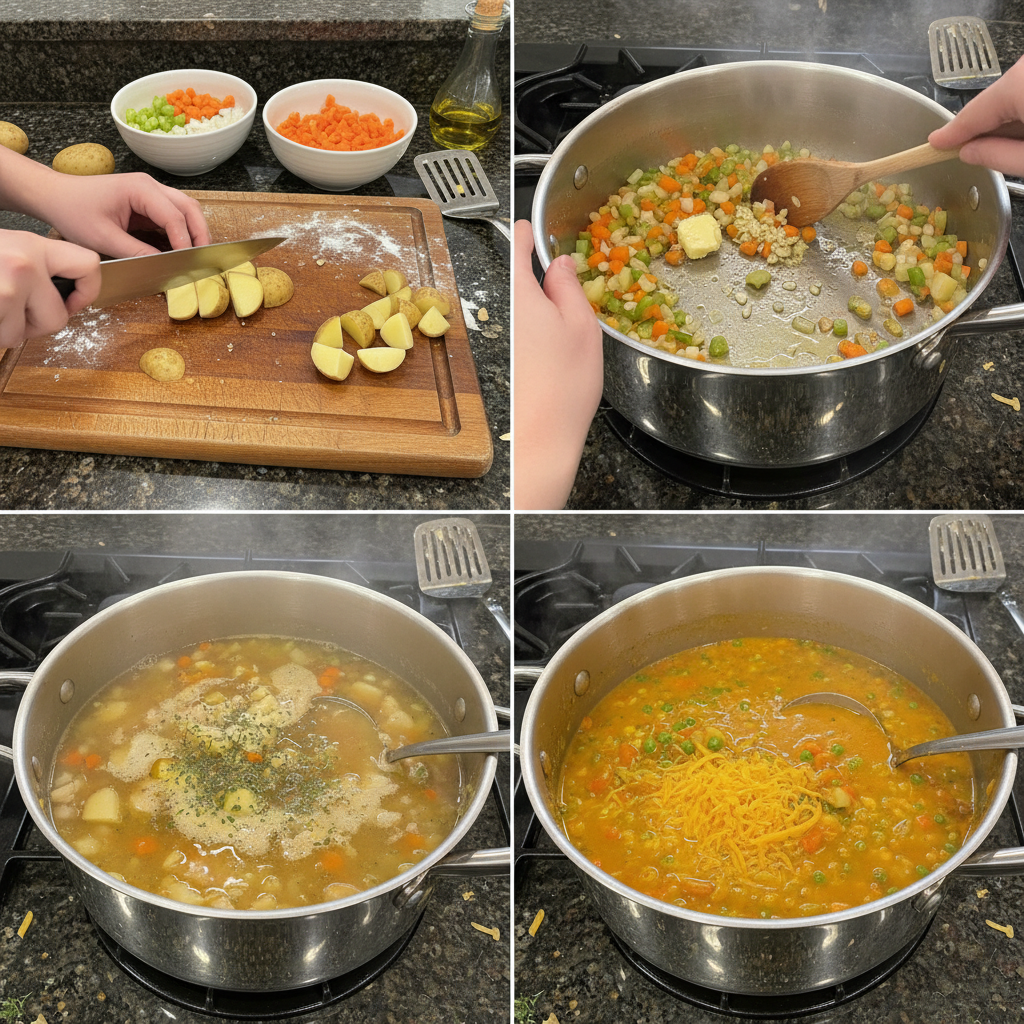 Close-up of vegetables being sautéed in a pot for Creamy Vegetable Soup.