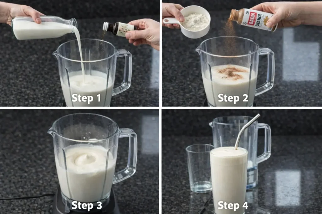 vanilla-protein-shake-prep Blending vanilla protein shake in a high-speed blender.