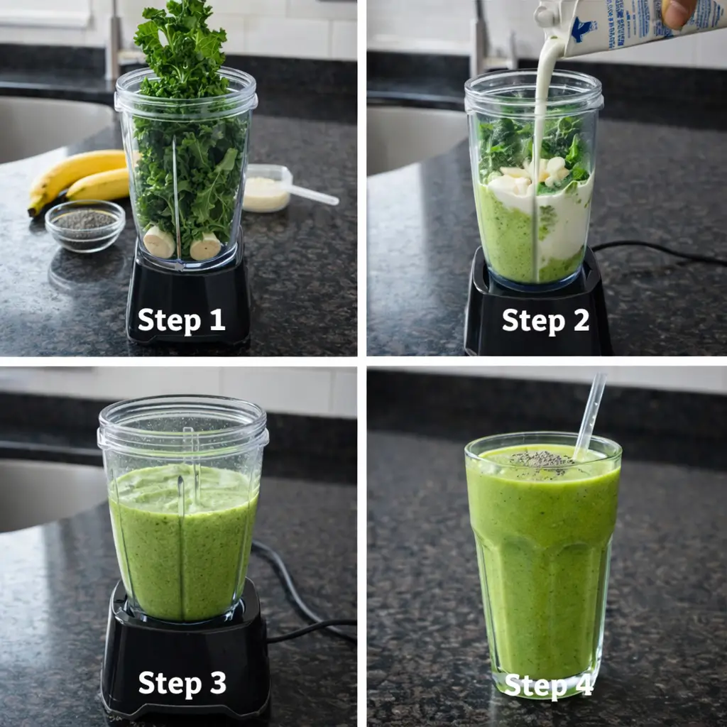 kale-banana-smoothie-prep Blending a Kale Banana Smoothie in a blender until smooth.