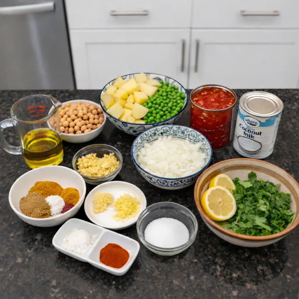 potato-curry-ingredients All the fresh ingredients needed to make flavorful potato curry recipe.