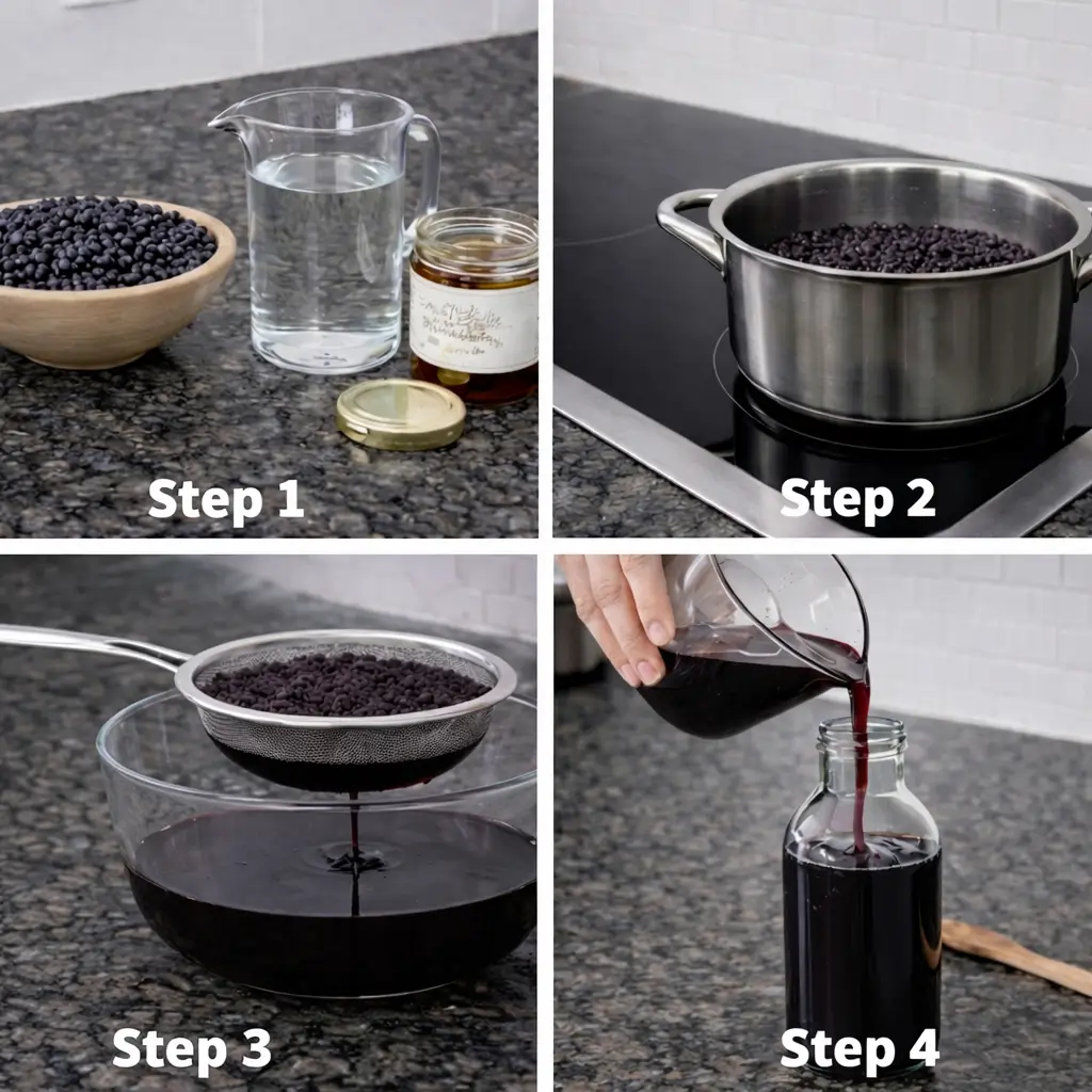 elderberry-syrup-recipe-simmering Simmering elderberries and spices in a pot for an elderberry syrup recipe.