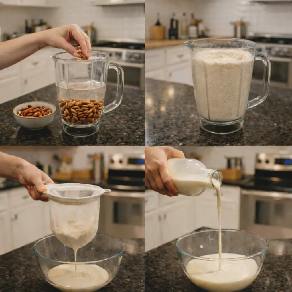 homemade-almond-milk-blending Blending almonds and water to make homemade almond milk.