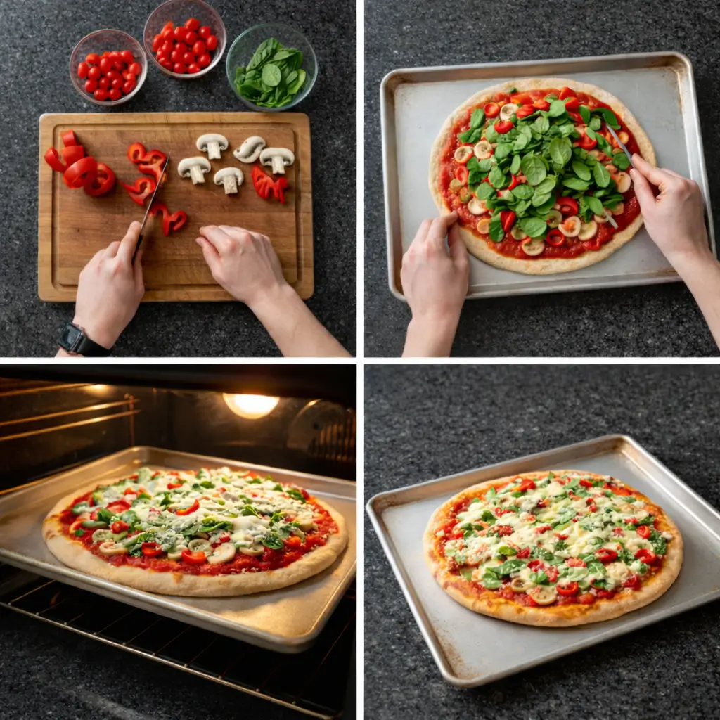 vegetarian-pizza-prep-steps Step-by-step preparation of vegetarian pizza: spreading sauce and adding toppings.