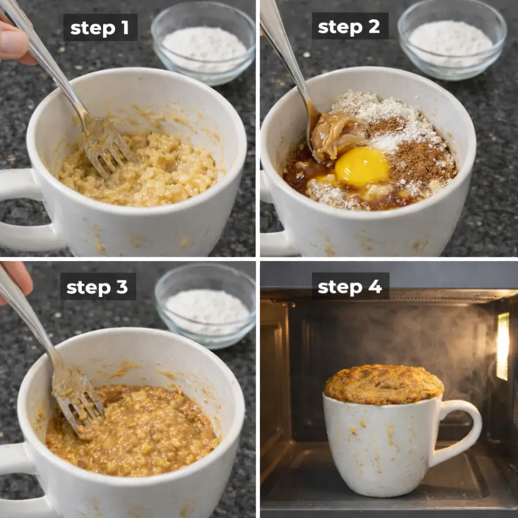healthy-banana-mug-cake-prep Step-by-step prep for making a healthy banana mug cake in a mug.