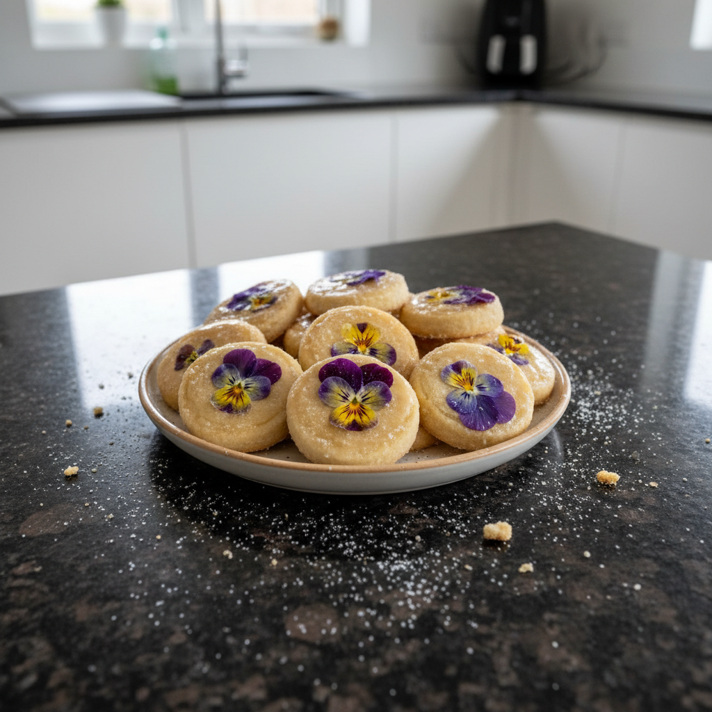 A stack of fluffy pancakes topped with banana slices, almonds, chia seeds, and maple syrup, served with a glass of orange juice.