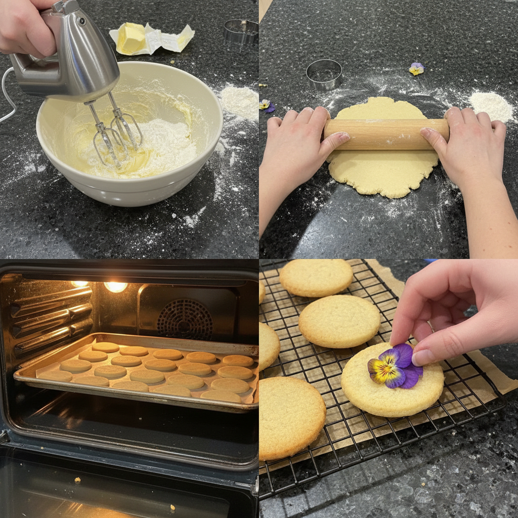 Step-by-step preparation of edible flower decorated cookies for Valentine's