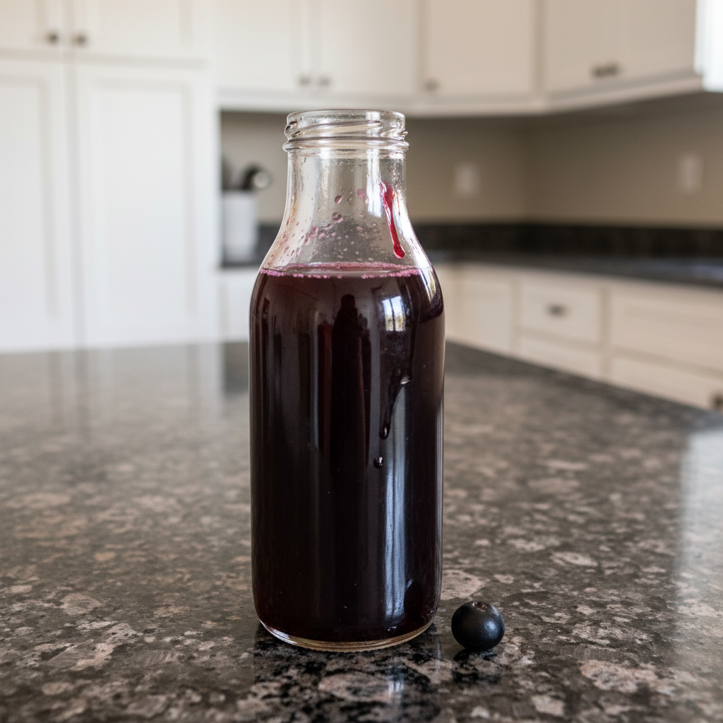 A stack of fluffy pancakes topped with banana slices, almonds, chia seeds, and maple syrup, served with a glass of orange juice.