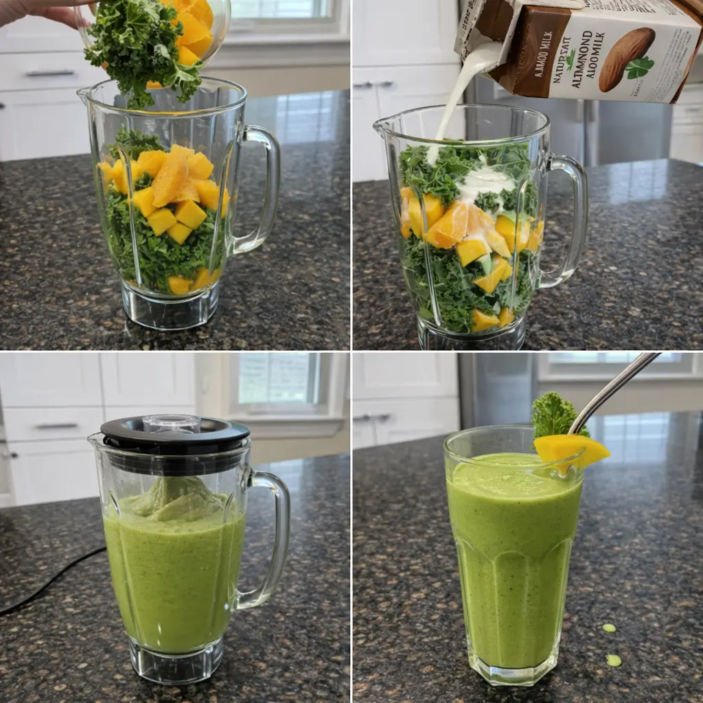 kale-mango-smoothie-prep Blending Kale Mango Smoothie in a high-speed blender.