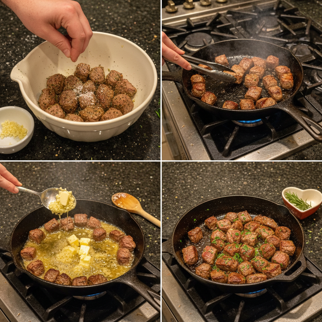 Valentine’s low carb garlic butter steak preparation steps: searing steak and melting garlic butter.
