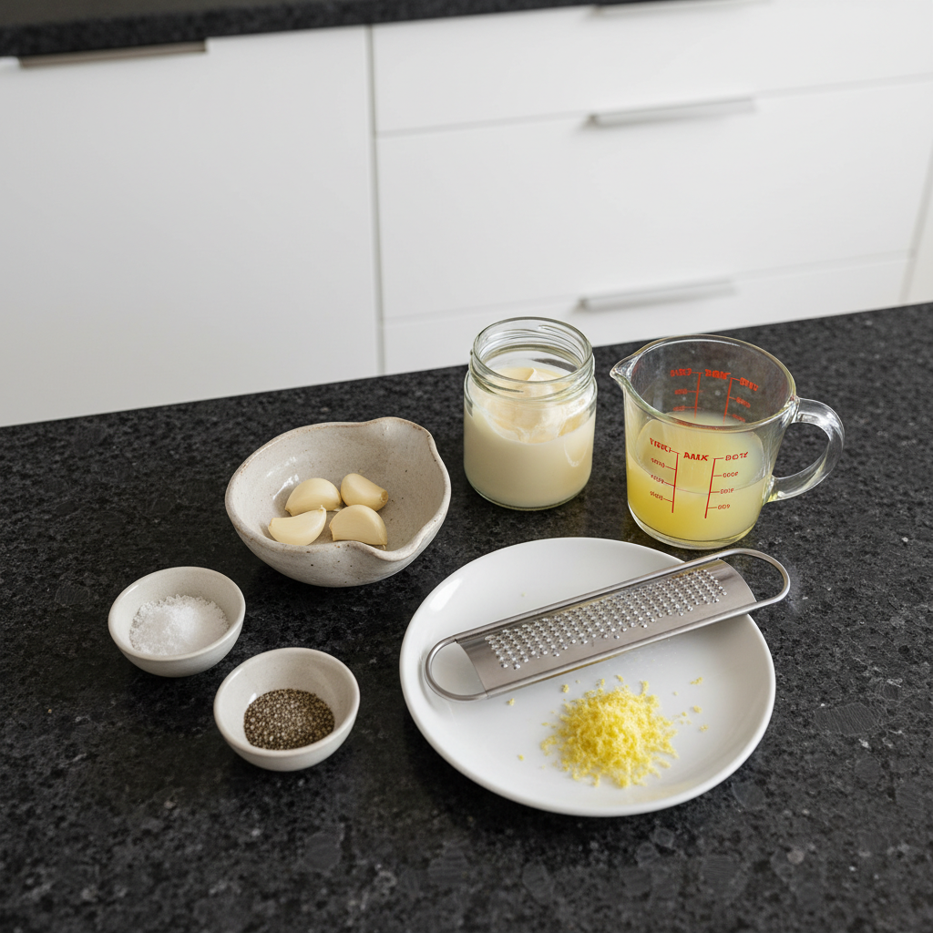 Garlic, lemons, eggs, and olive oil are the fresh ingredients for lemon aioli.