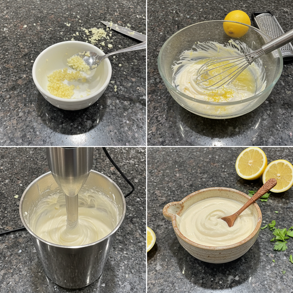 Preparing garlic lemon aioli by whisking the lemon juice with egg yolks.
