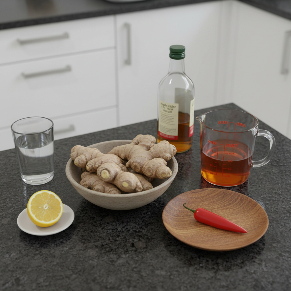 Ingredients for fiery ginger switchel: ginger, vinegar, sweetener.