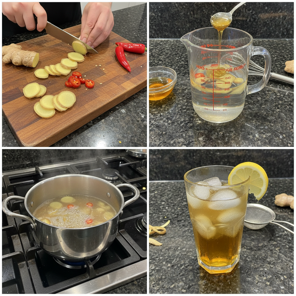 Preparing fiery ginger switchel: grating ginger, mixing ingredients.