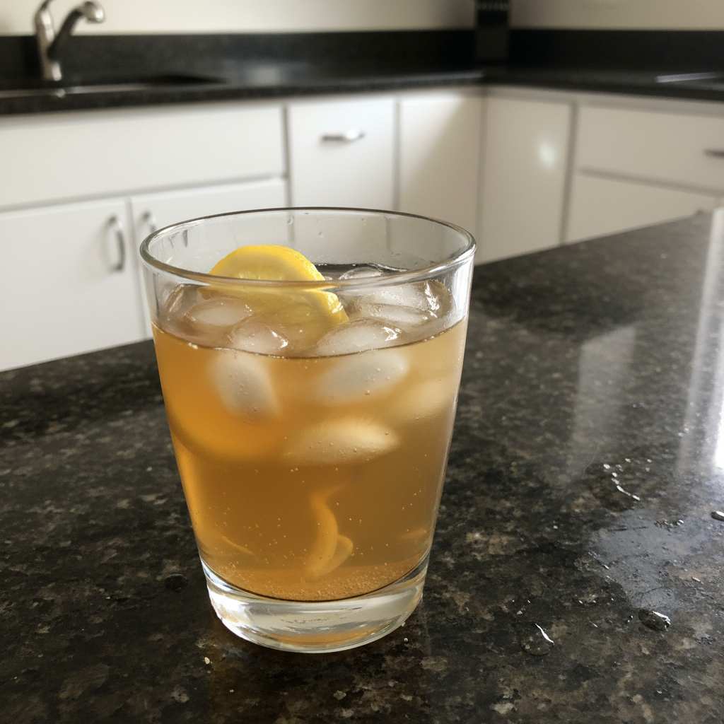 A stack of fluffy pancakes topped with banana slices, almonds, chia seeds, and maple syrup, served with a glass of orange juice.
