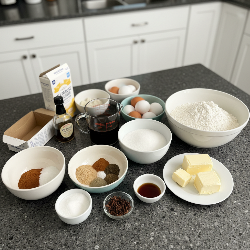 Gathered gingerbread cheesecake bar ingredients ready for baking