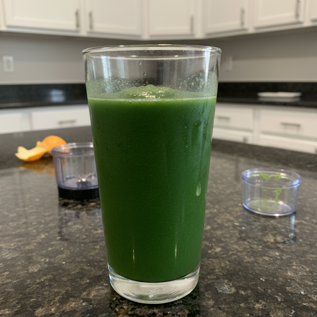 A stack of fluffy pancakes topped with banana slices, almonds, chia seeds, and maple syrup, served with a glass of orange juice.