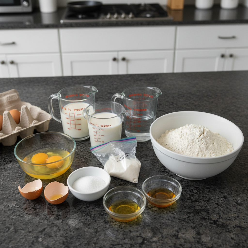 Gluten free crepe ingredients including flour, eggs, milk, and butter on a wooden counter.