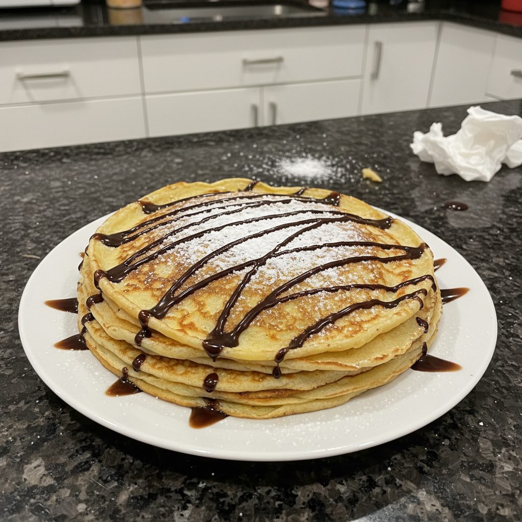 A stack of fluffy pancakes topped with banana slices, almonds, chia seeds, and maple syrup, served with a glass of orange juice.