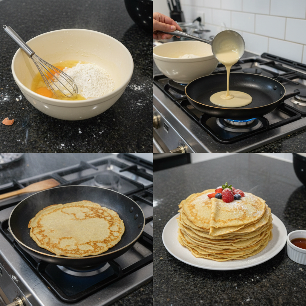 Pouring gluten free crepe batter onto a hot non-stick pan.