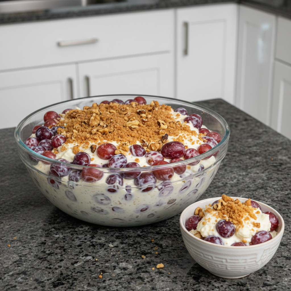 A stack of fluffy pancakes topped with banana slices, almonds, chia seeds, and maple syrup, served with a glass of orange juice.