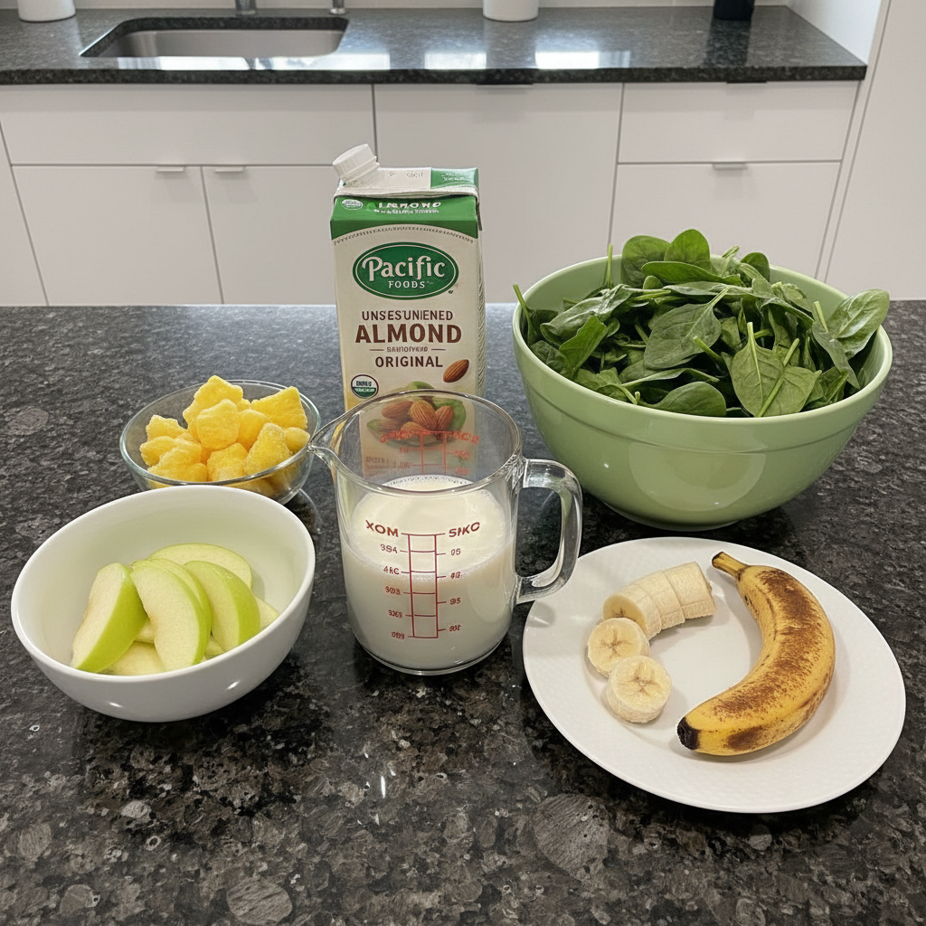 Fresh ingredients for green apple smoothie, including apples, spinach, and yogurt.