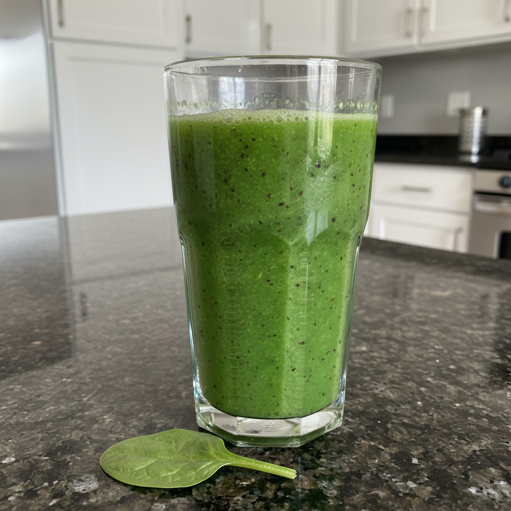 A stack of fluffy pancakes topped with banana slices, almonds, chia seeds, and maple syrup, served with a glass of orange juice.