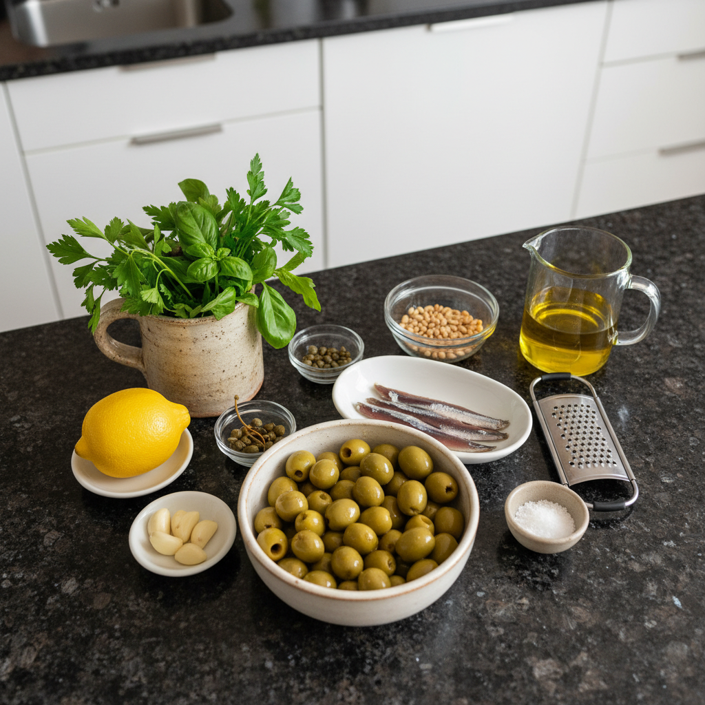 All the fresh ingredients to make Green Olive Tapenade.