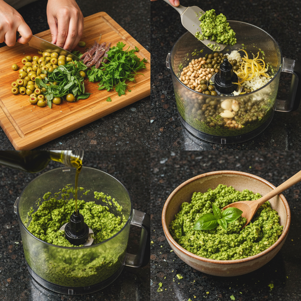Blending ingredients for Green Olive Tapenade in a food processor.