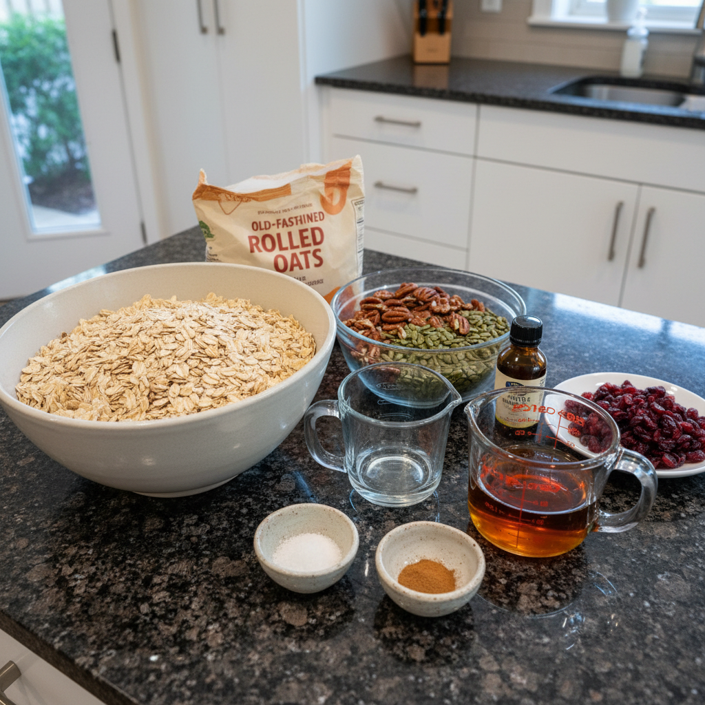 Selection of healthy granola ingredients like oats, nuts, seeds, and honey.